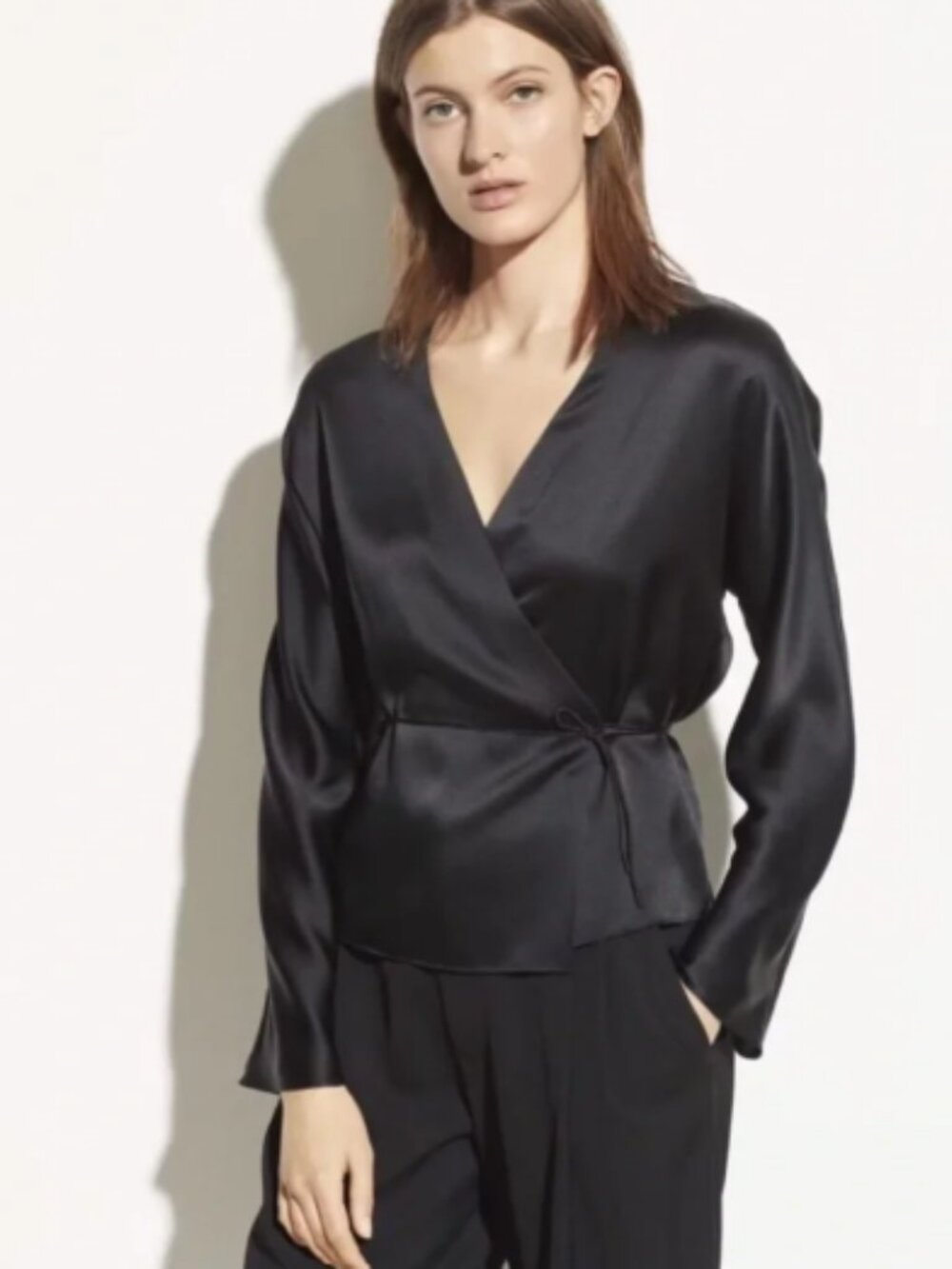 Vince Black 100% Silk Wrap Blouse XXS Long Sleeve V Neck Tie Waist